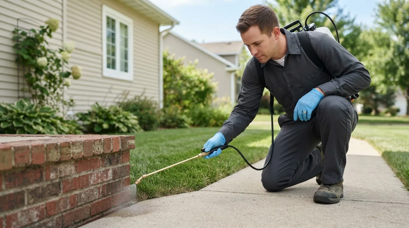 Pest control technician treating a home near Dille, WV