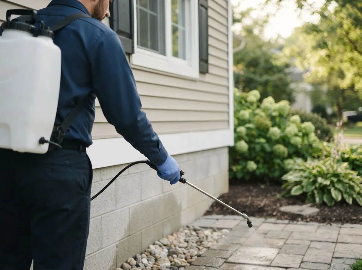 Pest control technician inspecting a home in Dille, WV